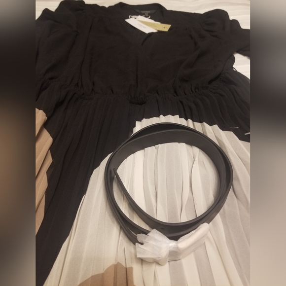 Ever New Pleated Black/Beige V-neckline with an Asymmetrical Hemline Dress s16 - Picture 6 of 12